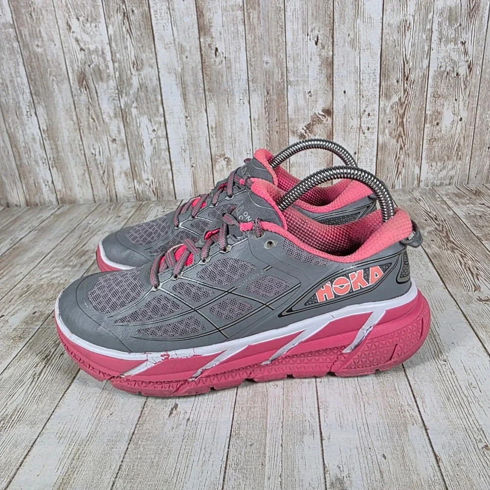 Hoka Clifton 2 Pink and Gray Athletic Shoes - Picture 2 of 7
